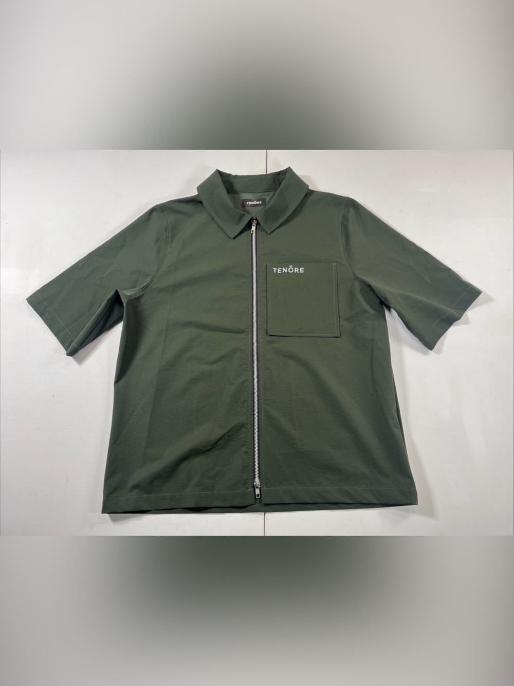 Tenore Zip Up Shirt Jacket Polo Short Sleeve Green Logo Pocket Men's L
